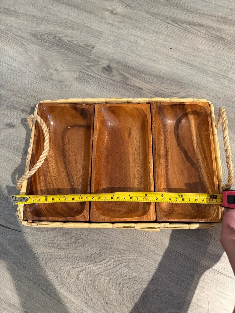 Vintage Teak Divided Serving Tray with Woven Basket & Rope Handles 💕